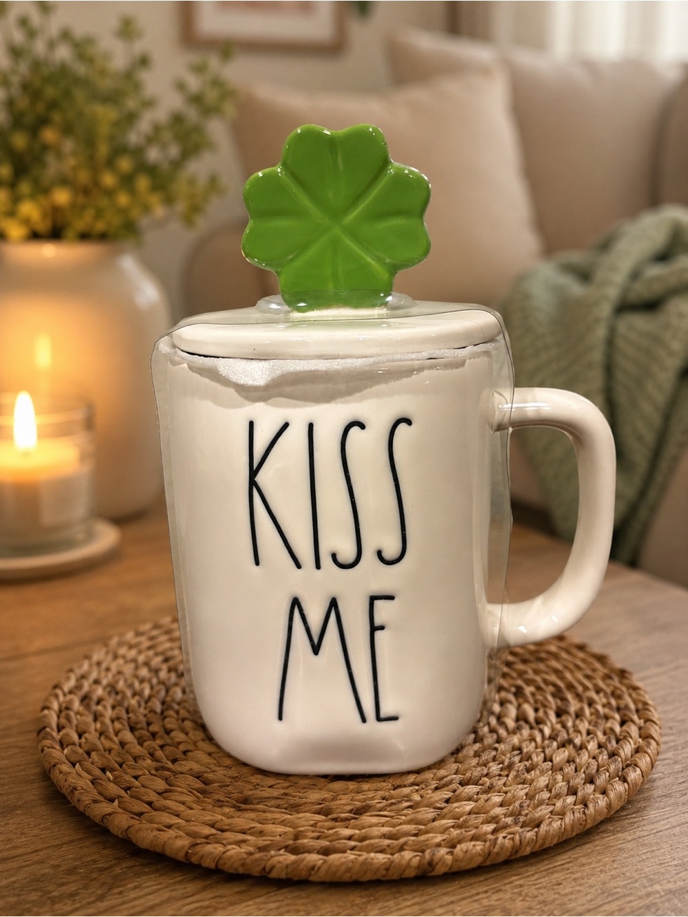 Rae Dunn KISS ME Mug With Lid Green Shamrock Handle Topper NEW